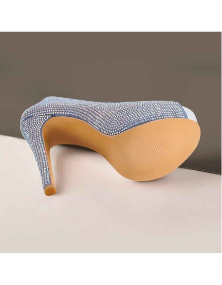 Blue Rhinestone Peep Toe Platform Stiletto High Heel Sandals
