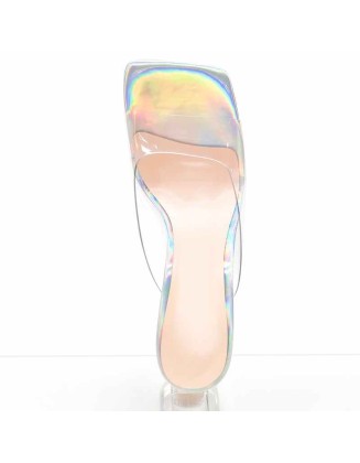 Holographic Transparent Chunky Heel Square Toe Sandals Mules