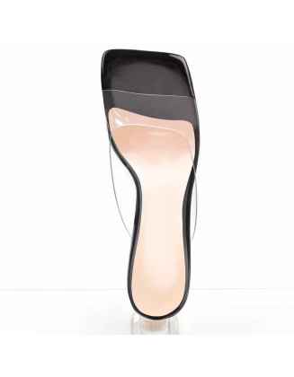 Holographic Transparent Chunky Heel Square Toe Sandals Mules