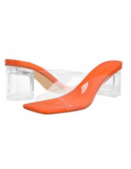 Holographic Transparent Chunky Heel Square Toe Sandals Mules