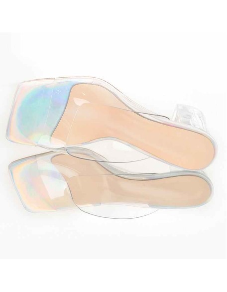 Holographic Transparent Chunky Heel Square Toe Sandals Mules