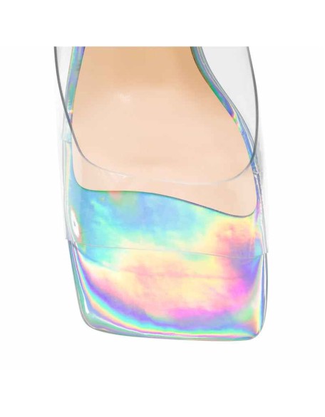 Holographic Transparent Chunky Heel Square Toe Sandals Mules