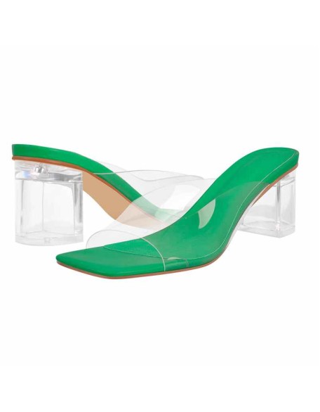 Holographic Transparent Chunky Heel Square Toe Sandals Mules