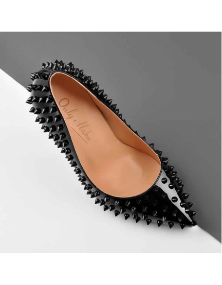 Pointed Toe Rivets Pumps Black Patent Leather Studded High Heels Pumps