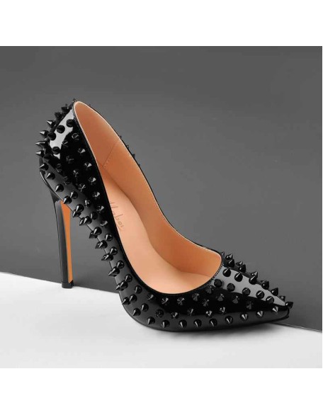 Pointed Toe Rivets Pumps Black Patent Leather Studded High Heels Pumps