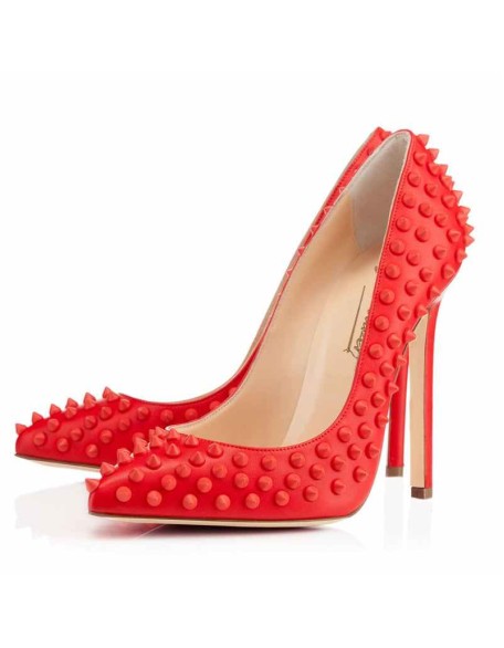 Pointed Toe Rivets Pumps Black Patent Leather Studded High Heels Pumps