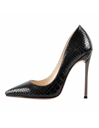 Black Leather Metal Heels Pointed Toe High Heel Pumps