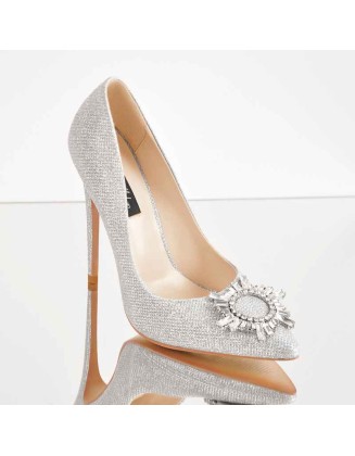 Silver Diamante Buckle Pointed Toe High Heel Pumps