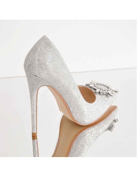 Silver Diamante Buckle Pointed Toe High Heel Pumps