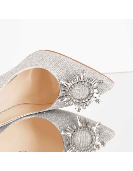 Silver Diamante Buckle Pointed Toe High Heel Pumps