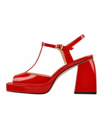 Red T-Strap Platform Square Chunky Heels Sandals