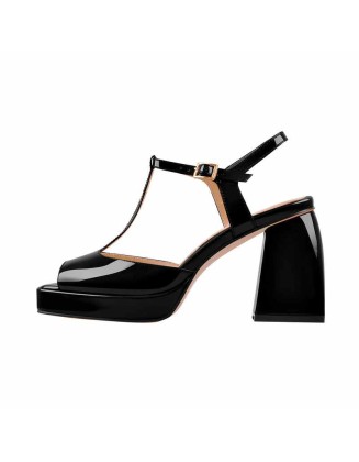 Red T-Strap Platform Square Chunky Heels Sandals