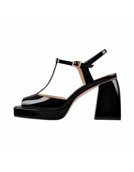 Red T-Strap Platform Square Chunky Heels Sandals
