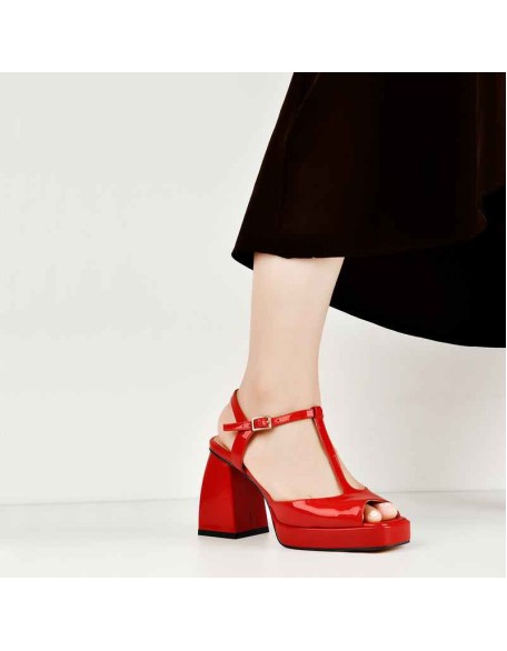 Red T-Strap Platform Square Chunky Heels Sandals