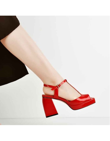 Red T-Strap Platform Square Chunky Heels Sandals