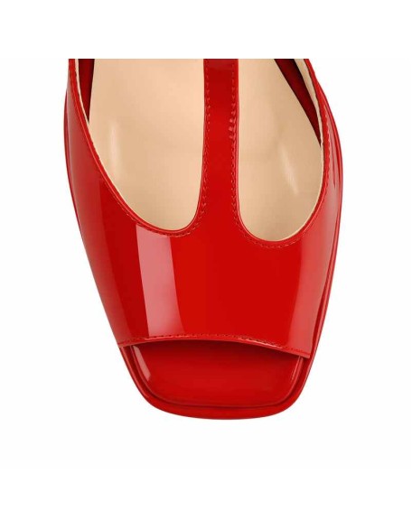 Red T-Strap Platform Square Chunky Heels Sandals