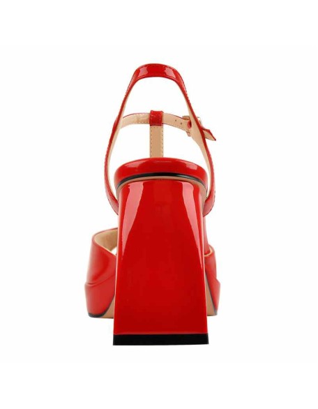 Red T-Strap Platform Square Chunky Heels Sandals