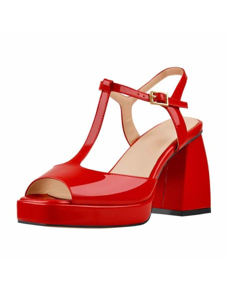 Red T-Strap Platform Square Chunky Heels Sandals