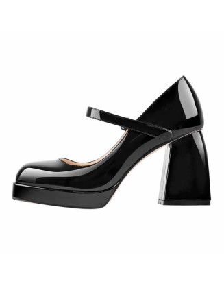Mary Jane Square Platform Chunky Heels Pumps