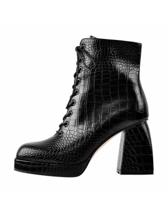 Black Square Chunky Heels Ankle Strap Platform Boots