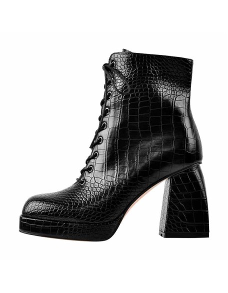 Black Square Chunky Heels Ankle Strap Platform Boots