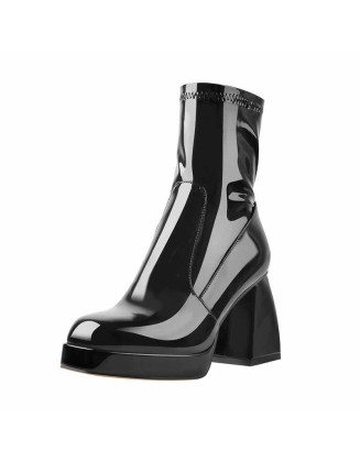 Black Patent Leather Square Chunky Heels Platform Ankle Boots