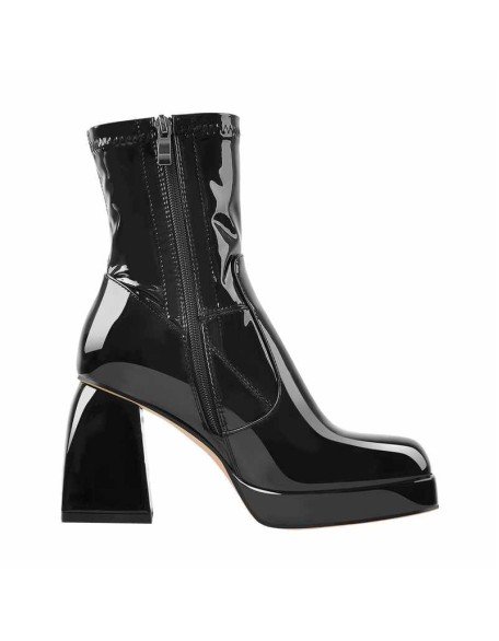 Black Patent Leather Square Chunky Heels Platform Ankle Boots