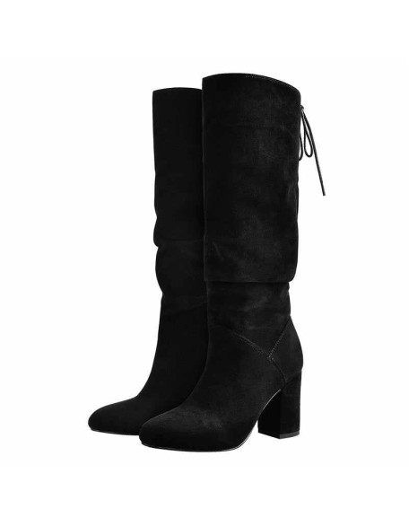 Black Suede Round Toe Chunky Heels Boots