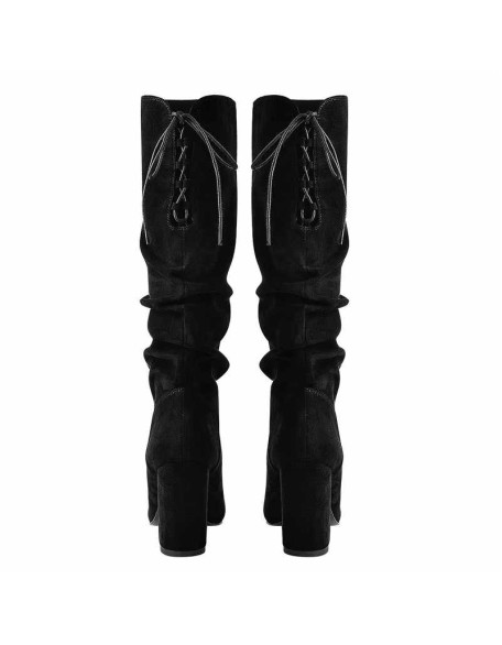 Black Suede Round Toe Chunky Heels Boots