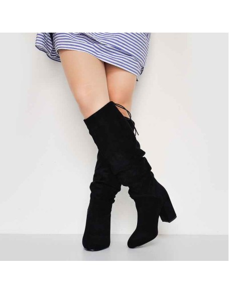 Black Suede Round Toe Chunky Heels Boots