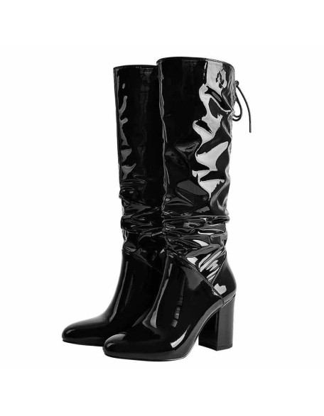 Black Patent Leather Chunky Heels Boots