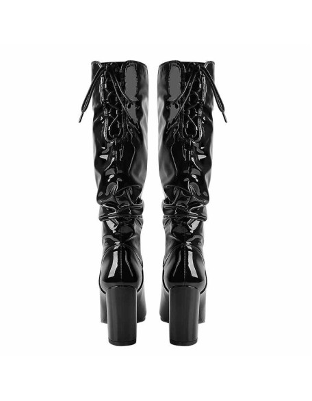 Black Patent Leather Chunky Heels Boots