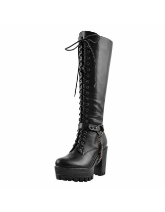 Black Platform Knee Chunky High Heels Boots