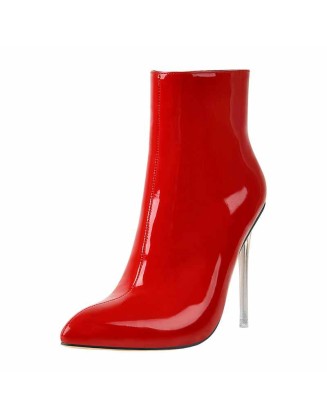 Red Patent Leather Clear Heel Ankle Boots
