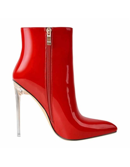 Red Patent Leather Clear Heel Ankle Boots