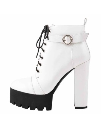 White Platform Chunky Heels Ankle Boots