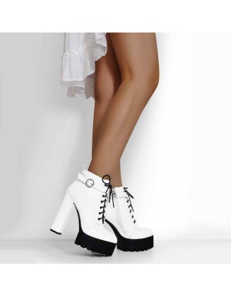 White Platform Chunky Heels Ankle Boots