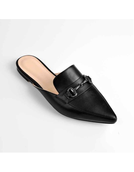 Pointed Toe Black Buckle Flats
