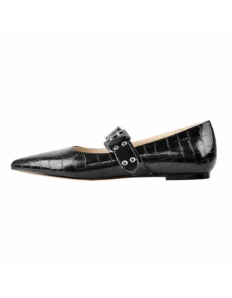 Black Stone Strap Flat Pumps