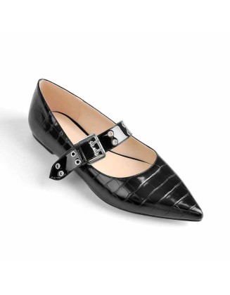 Black Stone Strap Flat Pumps