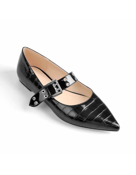 Black Stone Strap Flat Pumps