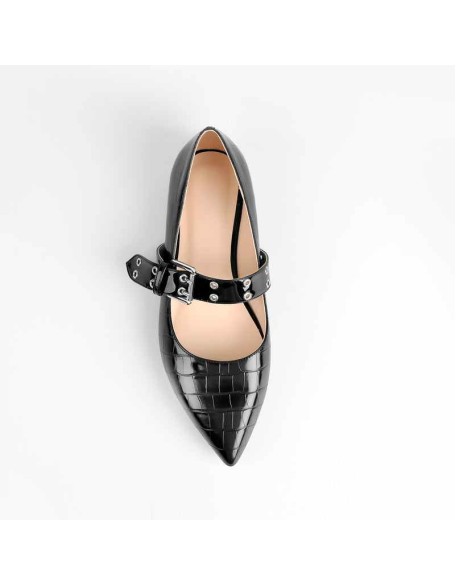 Black Stone Strap Flat Pumps