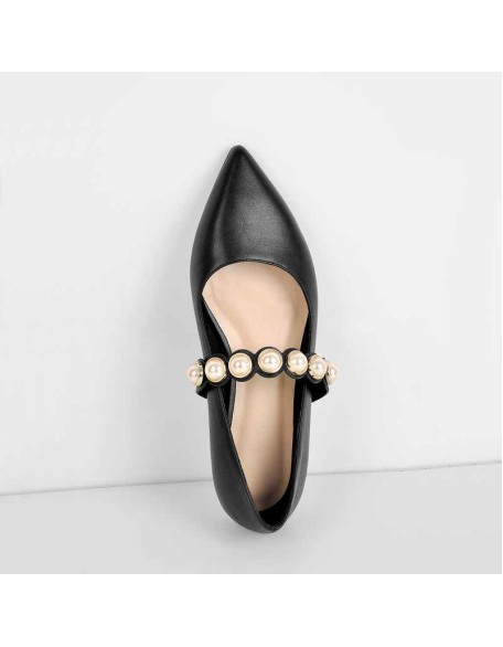 Black Pearl Strap Flat Pumps