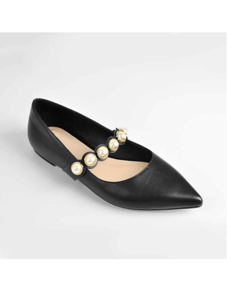 Black Pearl Strap Flat Pumps