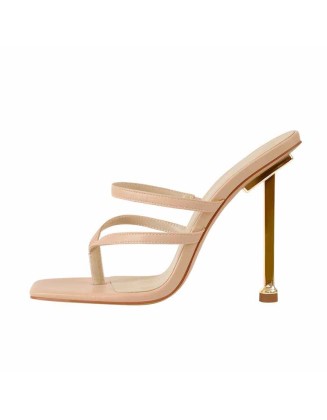 10cm Square Toe Matte Patent Leather Baby Pink Strap High Metal Heels Sandals
