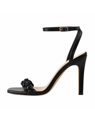 Black Woven Squre Toe Stilettos High Heel Sandals