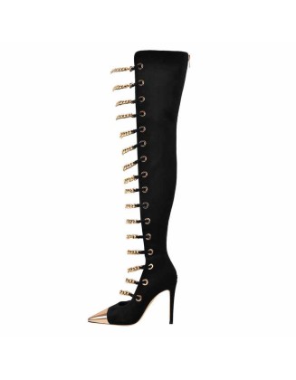Metal Chain Pointed Toe Over The Knee High Boots