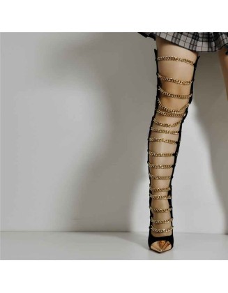 Metal Chain Pointed Toe Over The Knee High Boots