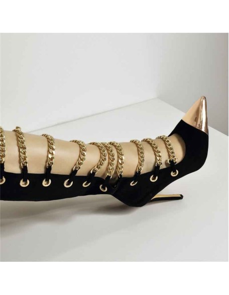 Metal Chain Pointed Toe Over The Knee High Boots