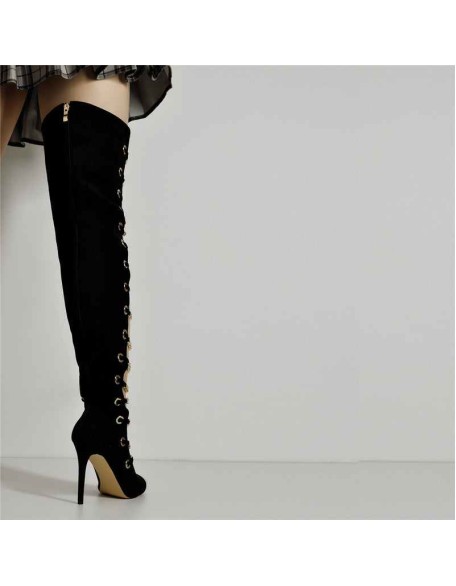 Metal Chain Pointed Toe Over The Knee High Boots